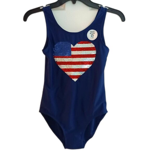 Osh Kosh B'gosh  Girls 1 Piece Swimsuit Size 14 Sequin Heart Blue 4th of July - Picture 1 of 5